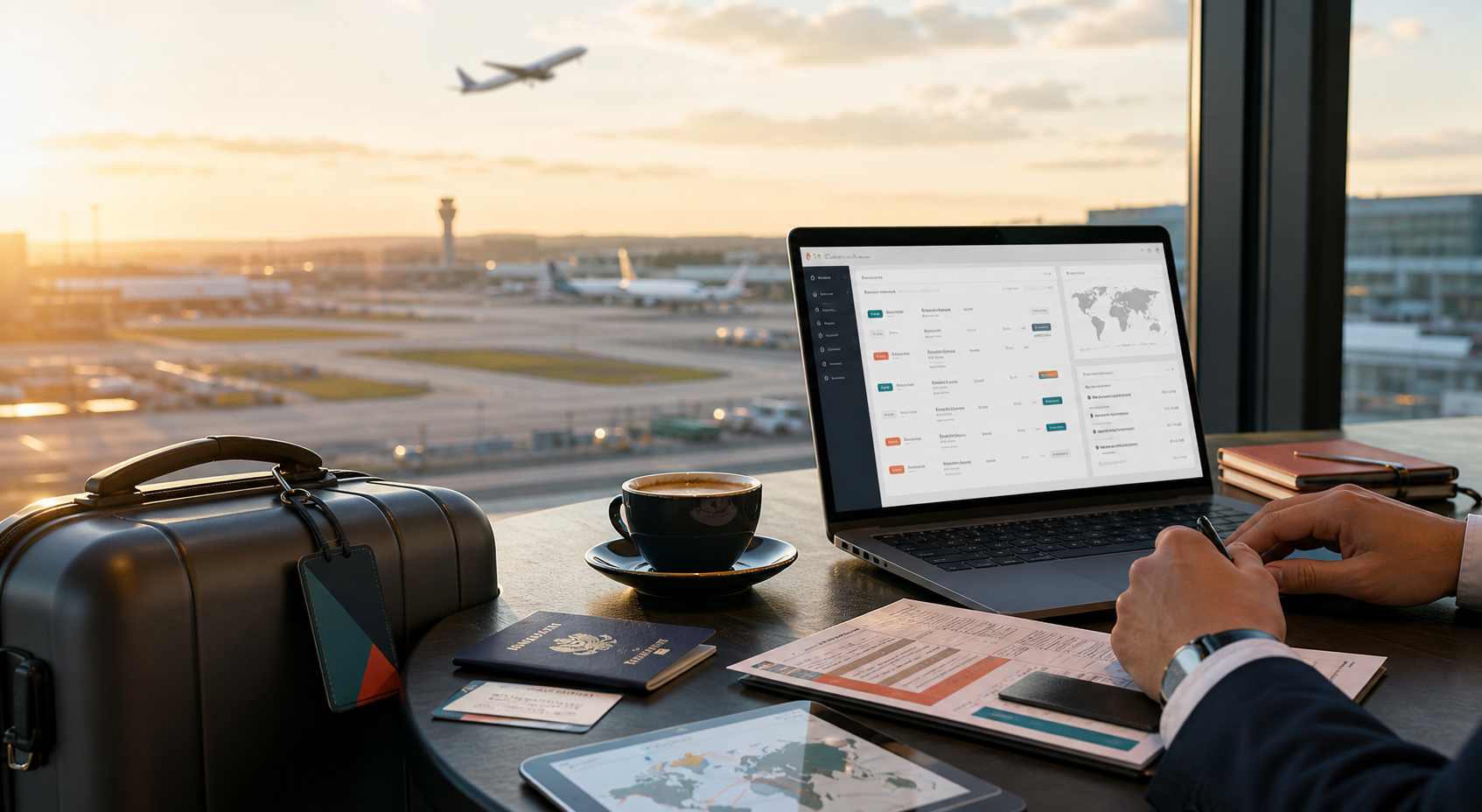 Business travelers in an airport lounge using a corporate travel dashboard